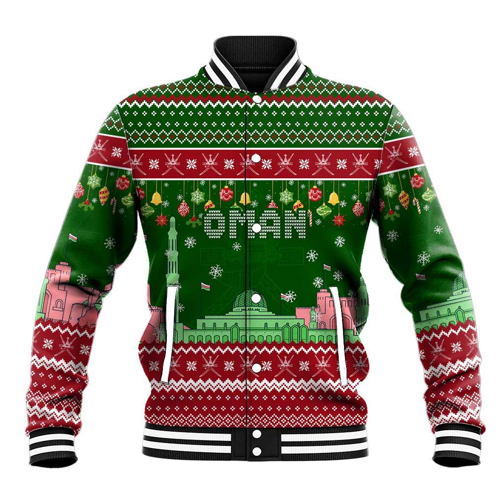 Oman Christmas Baseball Jacket with Green-Red Pattern, Mosque and Fort Landmarks, and Festive Ornament Motif - Wonder Print Shop