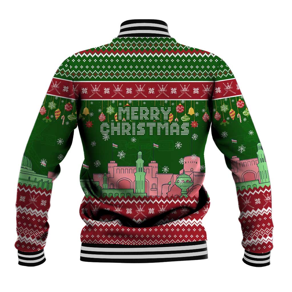 Oman Christmas Baseball Jacket with Green-Red Pattern, Mosque and Fort Landmarks, and Festive Ornament Motif - Wonder Print Shop