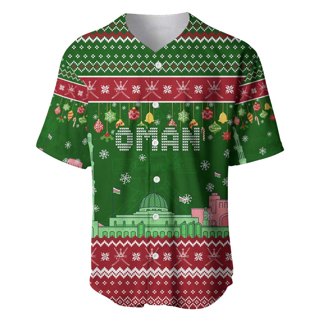 Oman Christmas Baseball Jersey with Green-Red Pattern, Mosque and Fort Landmarks, and Festive Ornament Motif - Wonder Print Shop