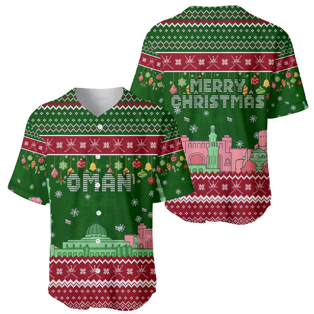 Oman Christmas Baseball Jersey with Green-Red Pattern, Mosque and Fort Landmarks, and Festive Ornament Motif - Wonder Print Shop