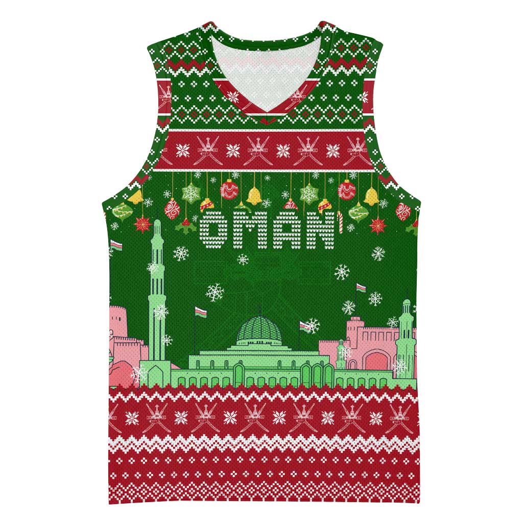 Oman Christmas Basketball Jersey with Green-Red Pattern, Mosque and Fort Landmarks, and Festive Ornament Motif - Wonder Print Shop