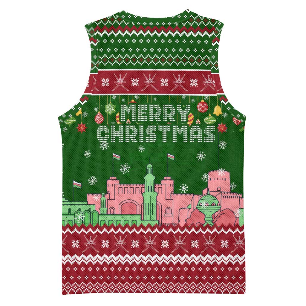 Oman Christmas Basketball Jersey with Green-Red Pattern, Mosque and Fort Landmarks, and Festive Ornament Motif - Wonder Print Shop