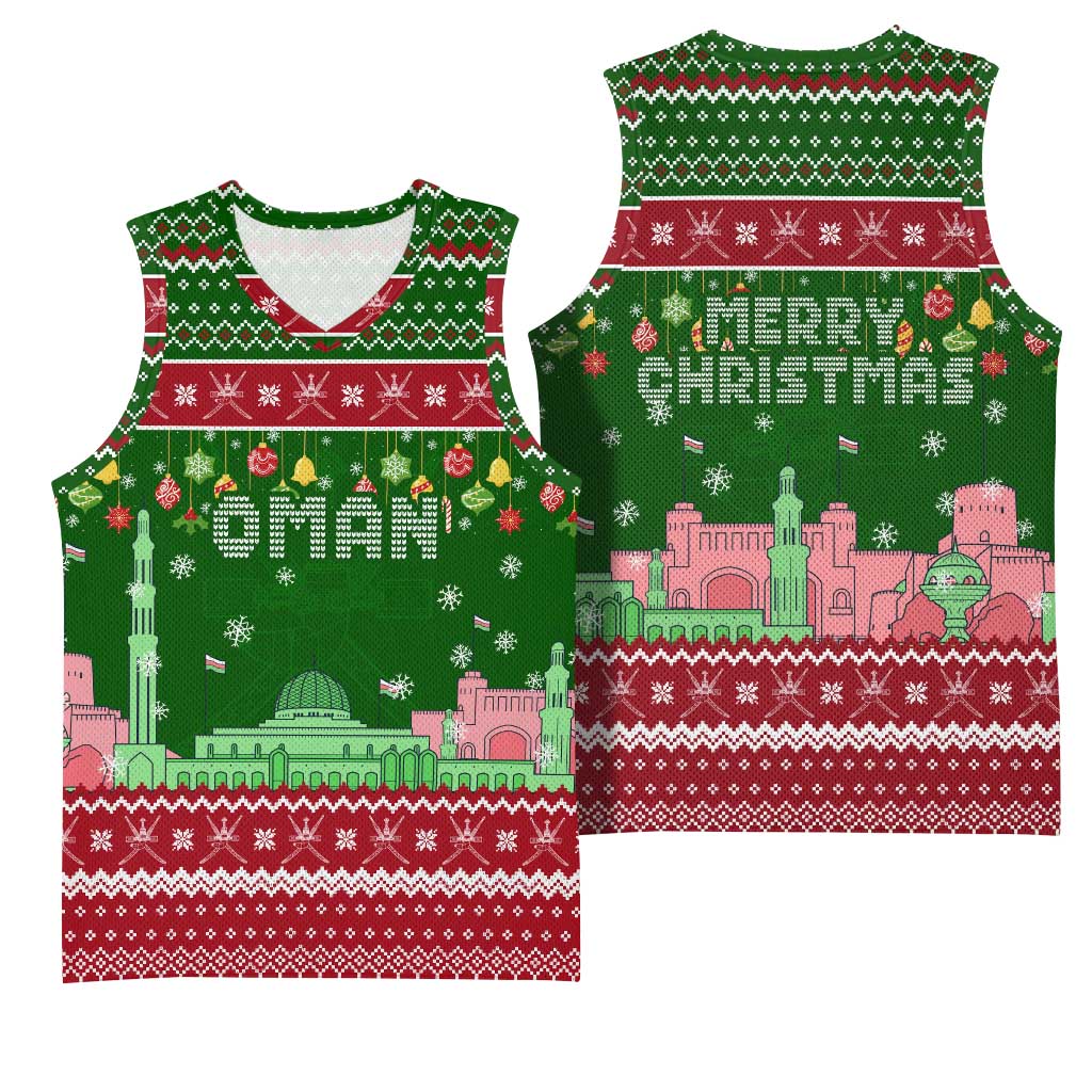 Oman Christmas Basketball Jersey with Green-Red Pattern, Mosque and Fort Landmarks, and Festive Ornament Motif - Wonder Print Shop