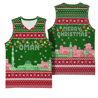 Oman Christmas Basketball Jersey with Green-Red Pattern, Mosque and Fort Landmarks, and Festive Ornament Motif - Wonder Print Shop