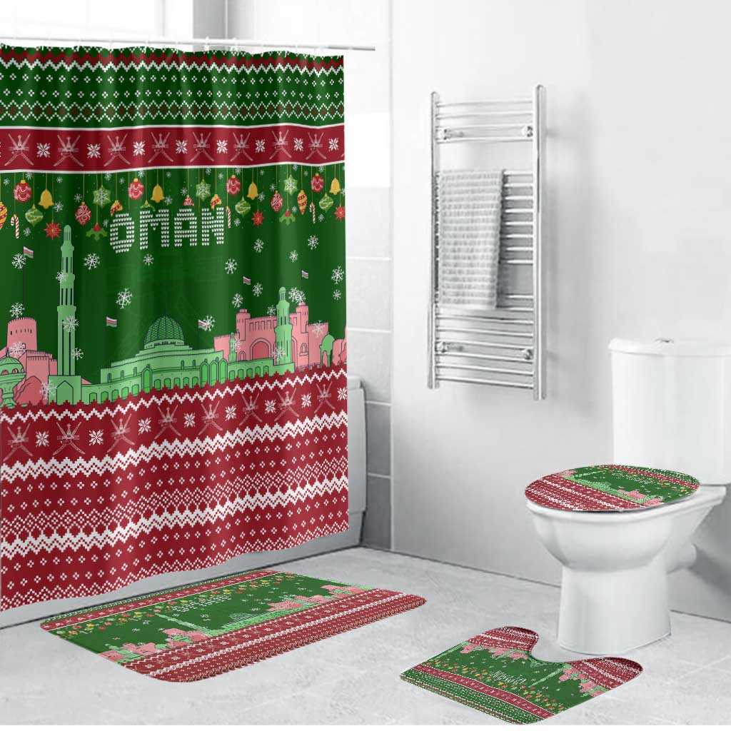 Oman Christmas Bathroom Set with Green-Red Pattern, Mosque and Fort Landmarks, and Festive Ornament Motif - Wonder Print Shop