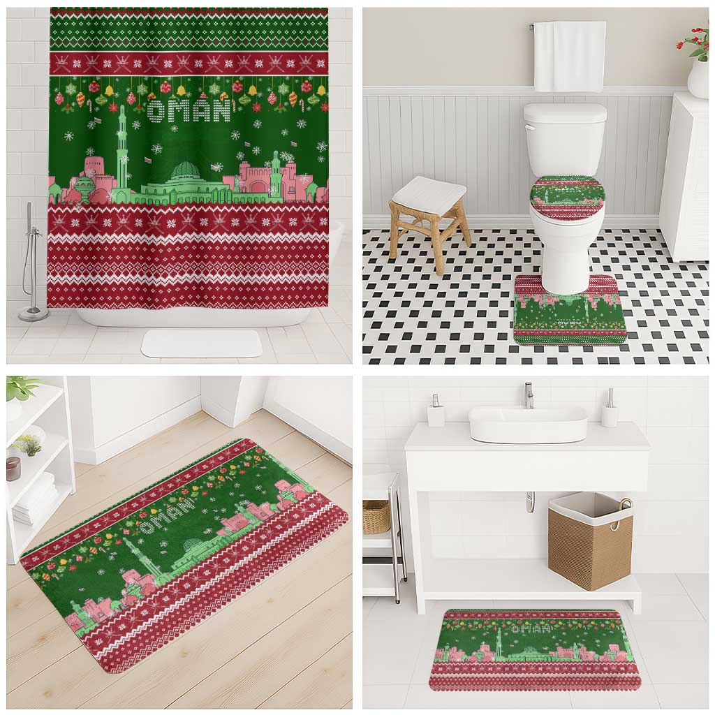 Oman Christmas Bathroom Set with Green-Red Pattern, Mosque and Fort Landmarks, and Festive Ornament Motif - Wonder Print Shop