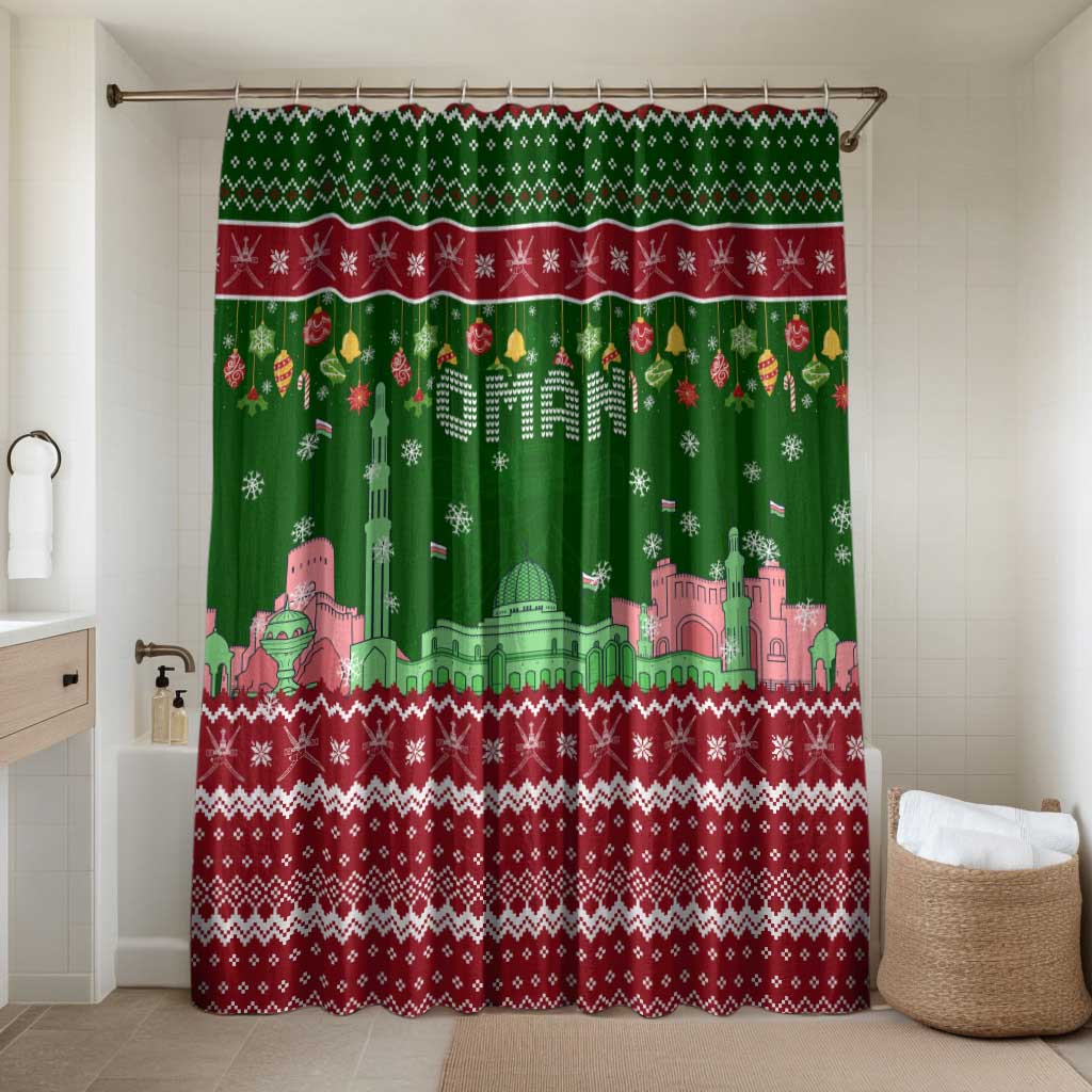 Oman Christmas Bathroom Set with Green-Red Pattern, Mosque and Fort Landmarks, and Festive Ornament Motif - Wonder Print Shop