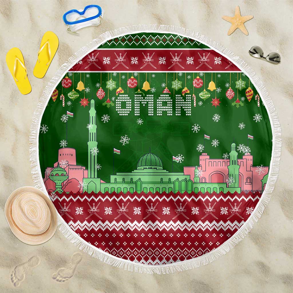 Oman Christmas Beach Blanket with Green-Red Pattern, Mosque and Fort Landmarks, and Festive Ornament Motif - Wonder Print Shop