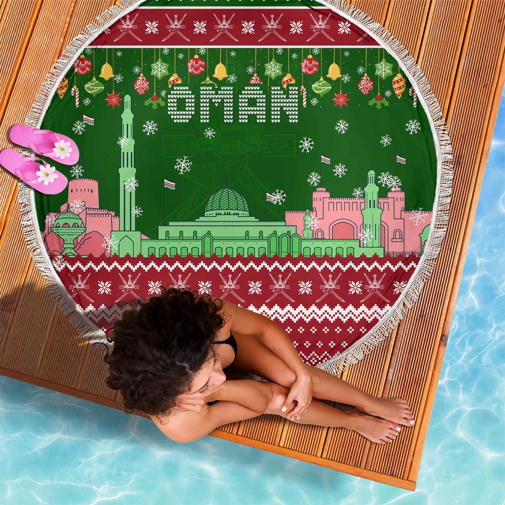 Oman Christmas Beach Blanket with Green-Red Pattern, Mosque and Fort Landmarks, and Festive Ornament Motif - Wonder Print Shop
