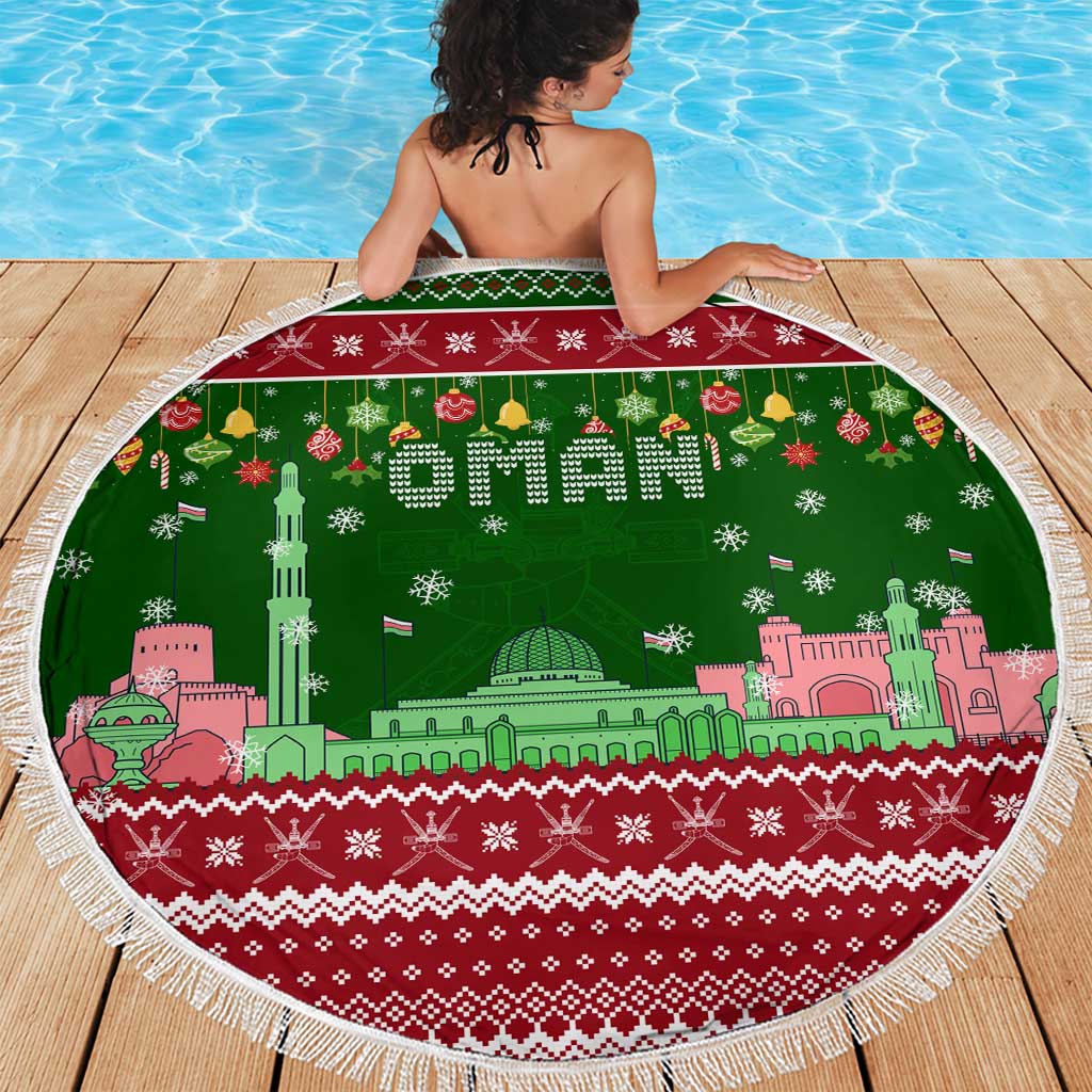 Oman Christmas Beach Blanket with Green-Red Pattern, Mosque and Fort Landmarks, and Festive Ornament Motif - Wonder Print Shop