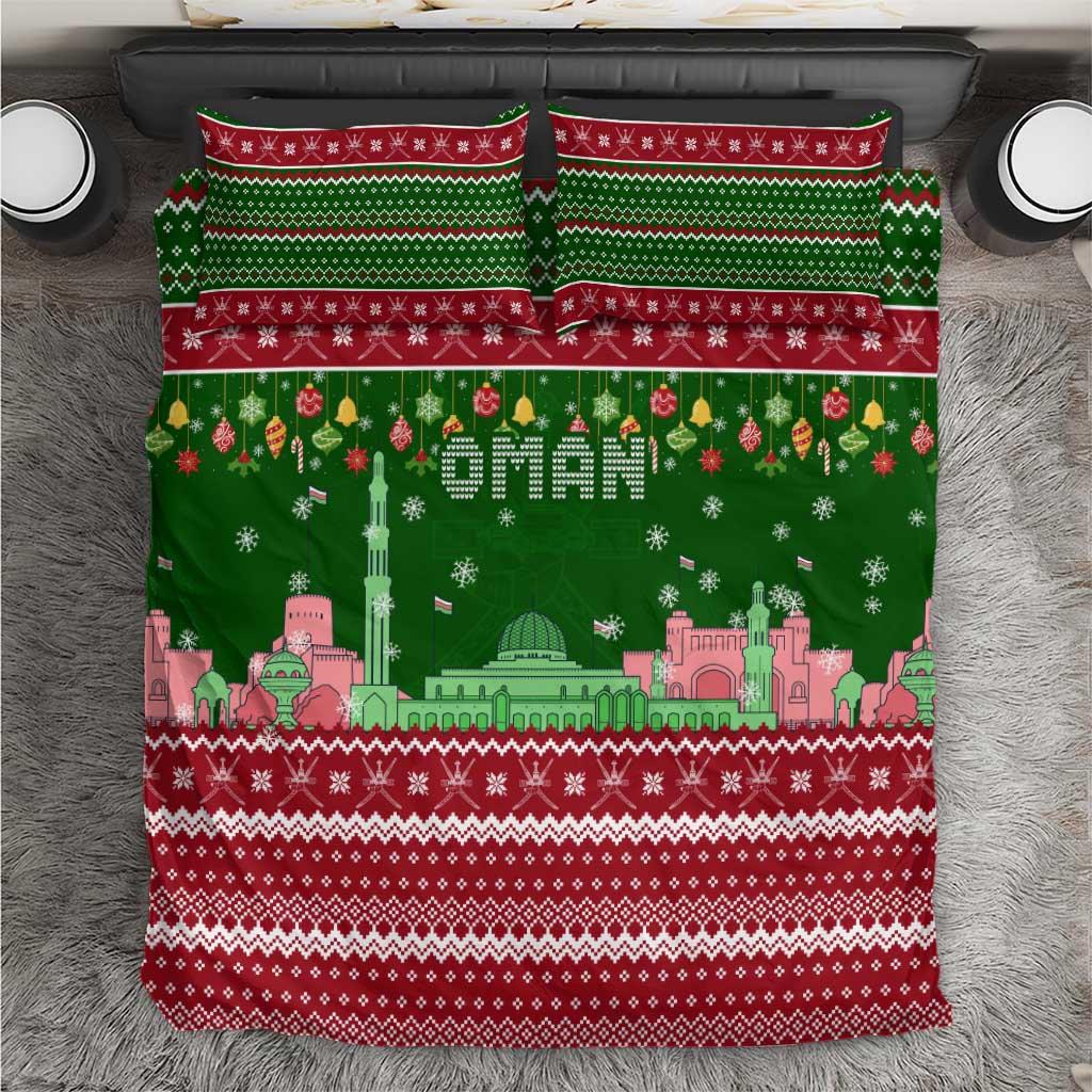 Oman Christmas Bedding Set with Green-Red Pattern, Mosque and Fort Landmarks, and Festive Ornament Motif - Wonder Print Shop