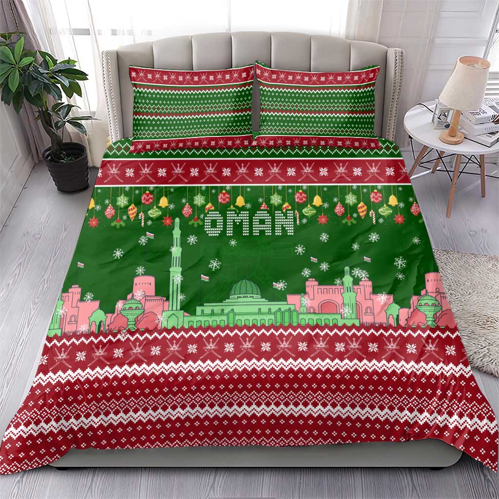 Oman Christmas Bedding Set with Green-Red Pattern, Mosque and Fort Landmarks, and Festive Ornament Motif - Wonder Print Shop