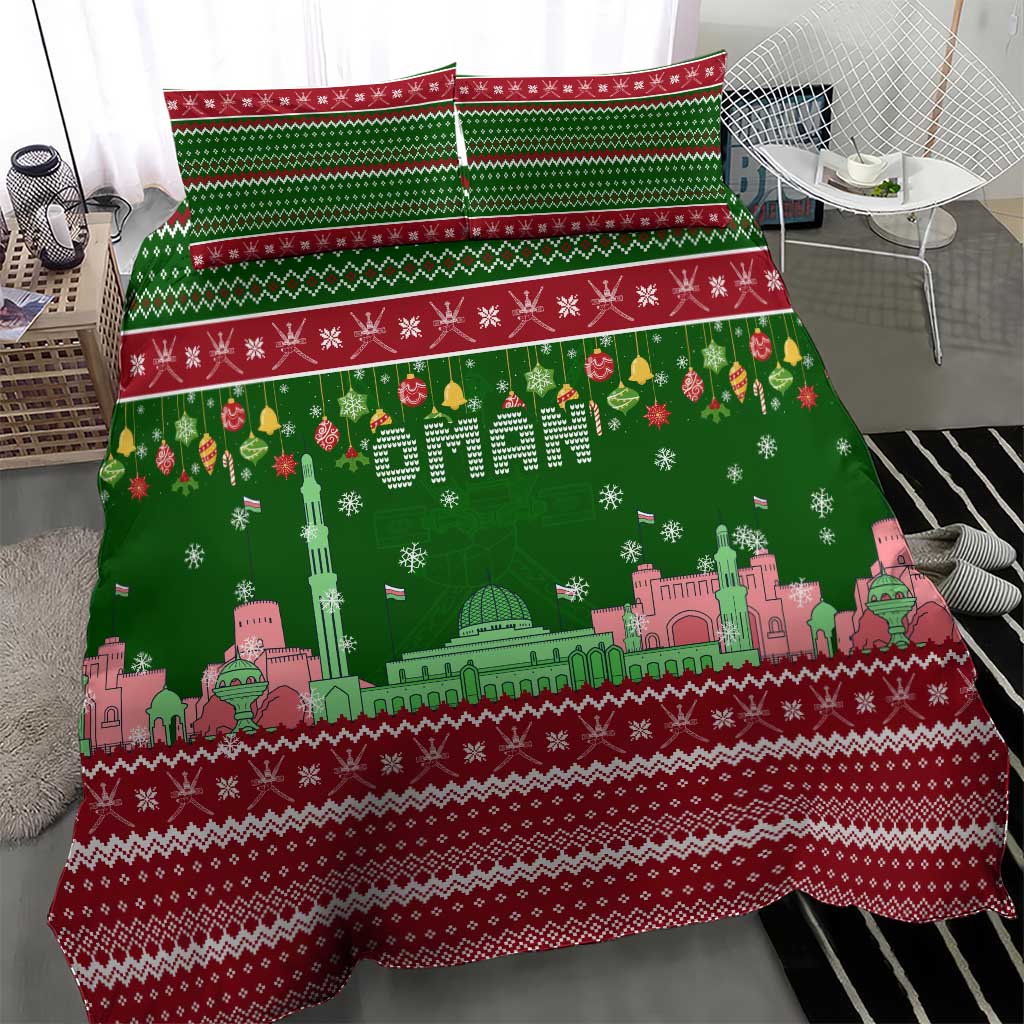 Oman Christmas Bedding Set with Green-Red Pattern, Mosque and Fort Landmarks, and Festive Ornament Motif - Wonder Print Shop