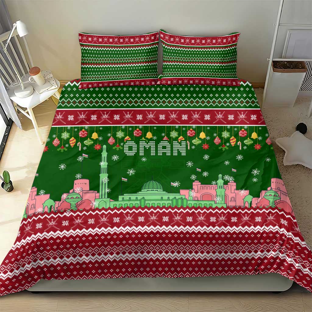 Oman Christmas Bedding Set with Green-Red Pattern, Mosque and Fort Landmarks, and Festive Ornament Motif - Wonder Print Shop