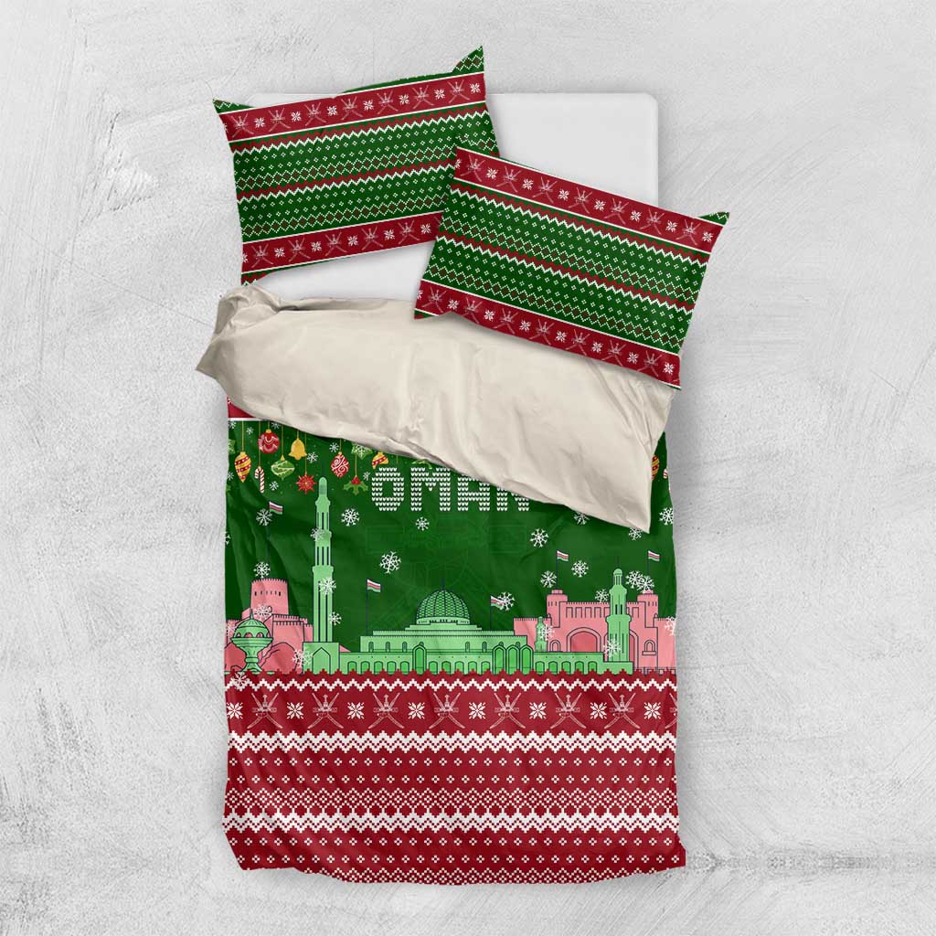 Oman Christmas Bedding Set with Green-Red Pattern, Mosque and Fort Landmarks, and Festive Ornament Motif - Wonder Print Shop
