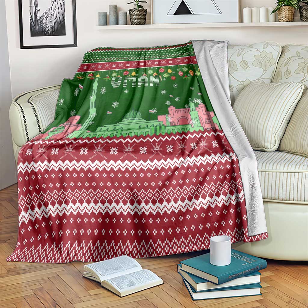Oman Christmas Blanket with Green-Red Pattern, Mosque and Fort Landmarks, and Festive Ornament Motif - Wonder Print Shop