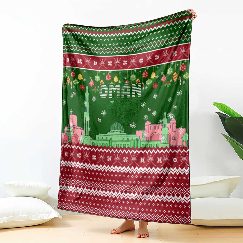 Oman Christmas Blanket with Green-Red Pattern, Mosque and Fort Landmarks, and Festive Ornament Motif - Wonder Print Shop