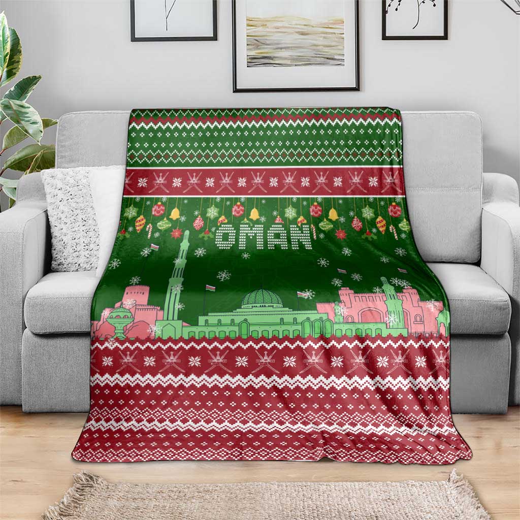 Oman Christmas Blanket with Green-Red Pattern, Mosque and Fort Landmarks, and Festive Ornament Motif - Wonder Print Shop