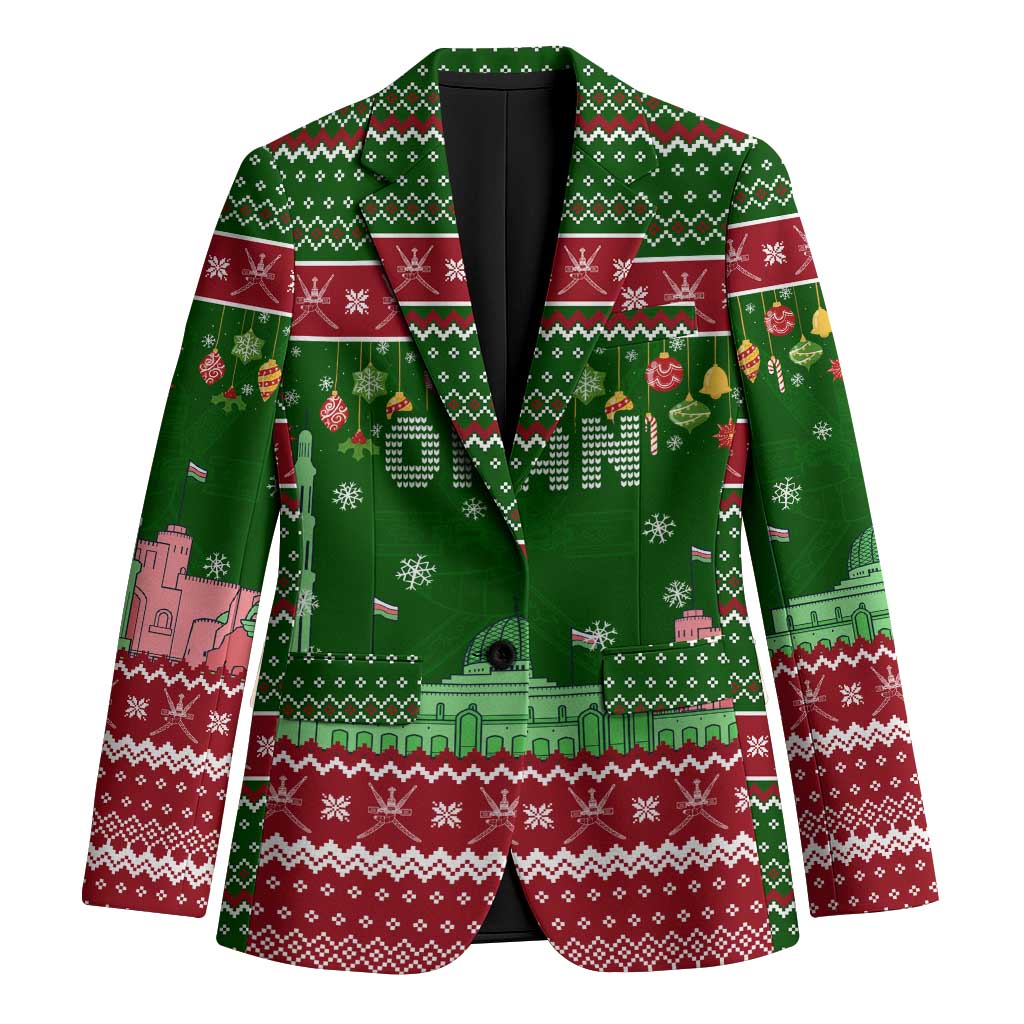 Oman Christmas Blazer with Green-Red Pattern, Mosque and Fort Landmarks, and Festive Ornament Motif - Wonder Print Shop