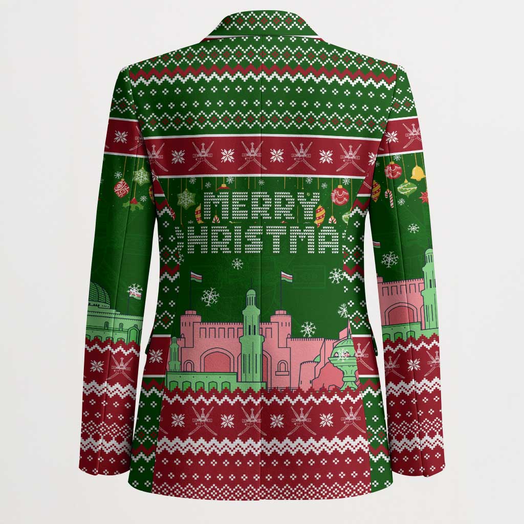 Oman Christmas Blazer with Green-Red Pattern, Mosque and Fort Landmarks, and Festive Ornament Motif - Wonder Print Shop