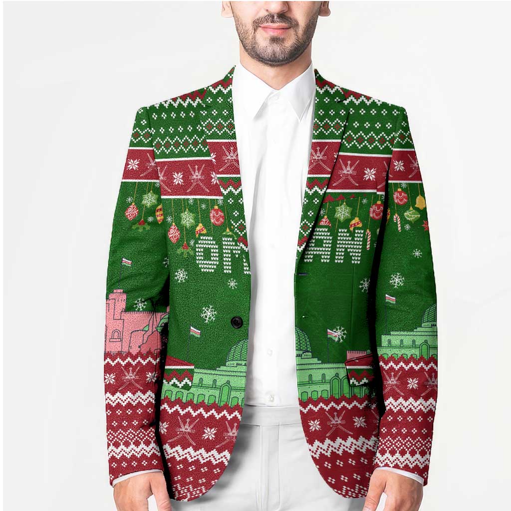 Oman Christmas Blazer with Green-Red Pattern, Mosque and Fort Landmarks, and Festive Ornament Motif - Wonder Print Shop