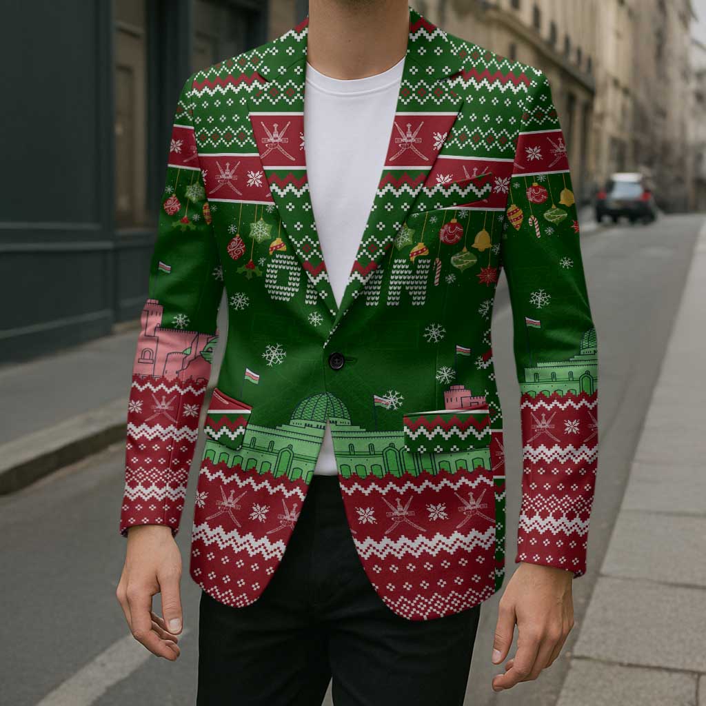 Oman Christmas Blazer with Green-Red Pattern, Mosque and Fort Landmarks, and Festive Ornament Motif - Wonder Print Shop