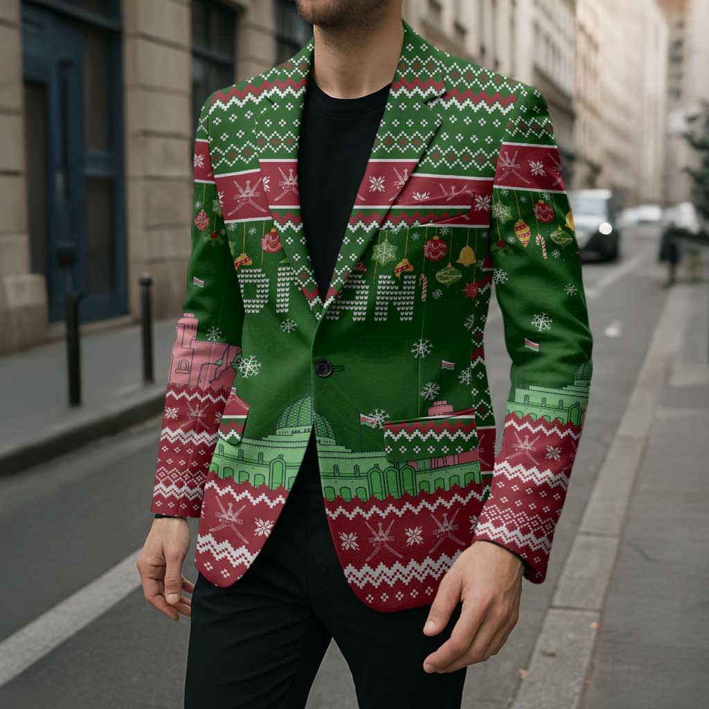 Oman Christmas Blazer with Green-Red Pattern, Mosque and Fort Landmarks, and Festive Ornament Motif - Wonder Print Shop