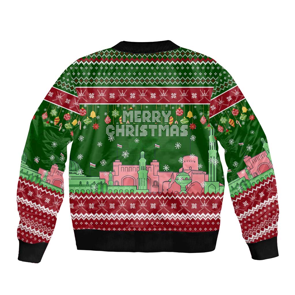 Oman Christmas Bomber Jacket with Green-Red Pattern, Mosque and Fort Landmarks, and Festive Ornament Motif - Wonder Print Shop