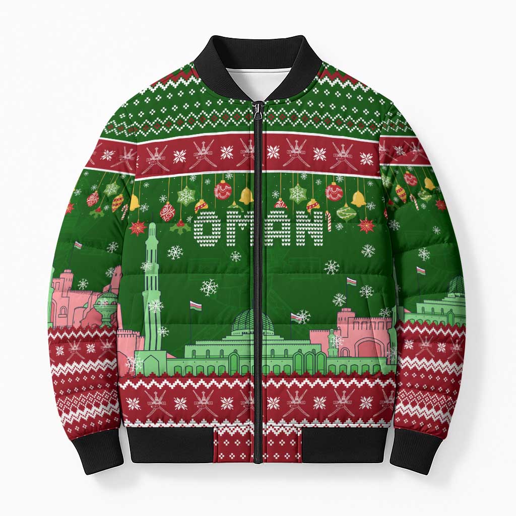 Oman Christmas Bomber Puffer Jacket with Green-Red Pattern, Mosque and Fort Landmarks, and Festive Ornament Motif - Wonder Print Shop