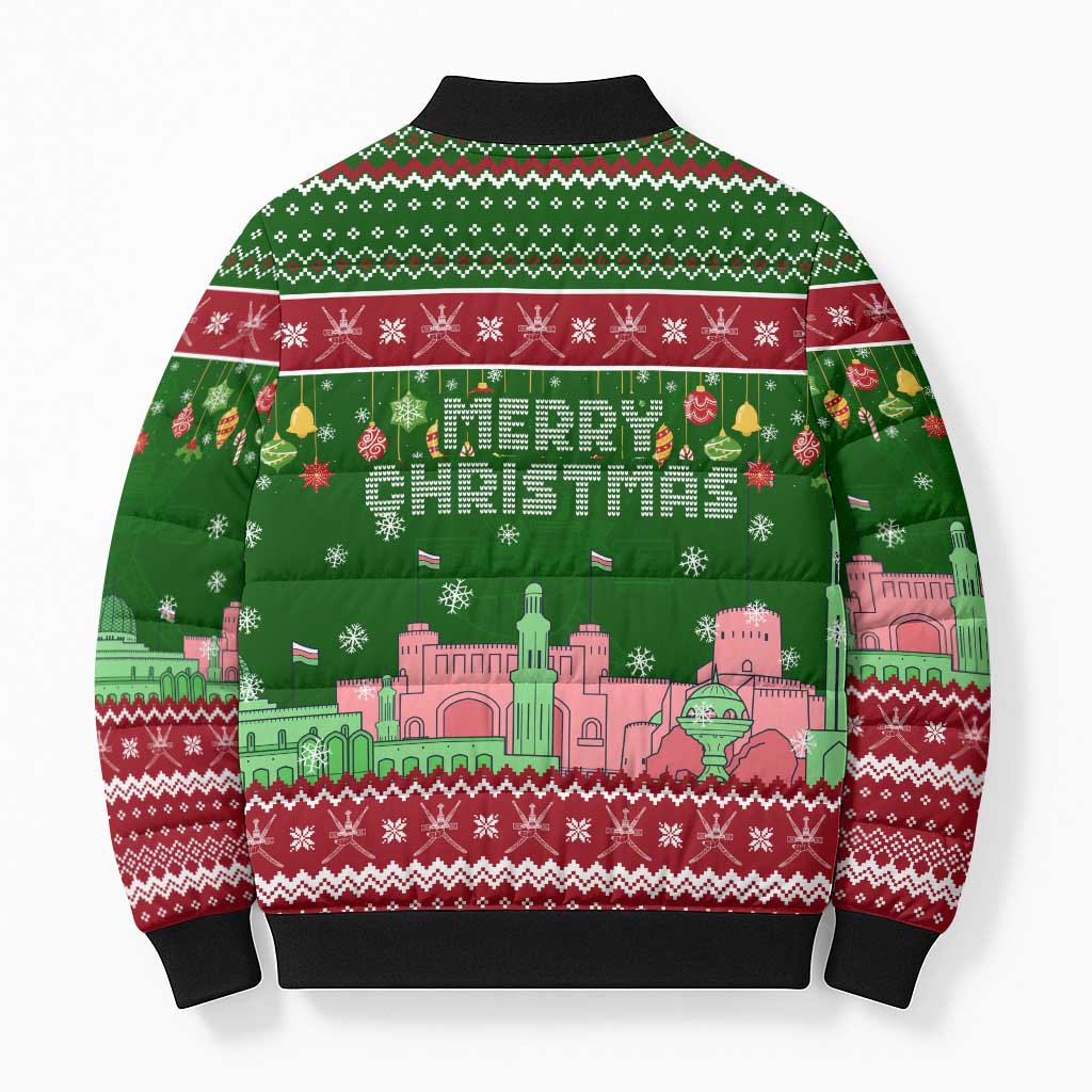 Oman Christmas Bomber Puffer Jacket with Green-Red Pattern, Mosque and Fort Landmarks, and Festive Ornament Motif - Wonder Print Shop