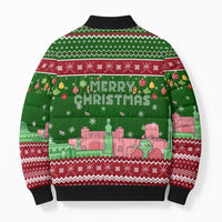 Oman Christmas Bomber Puffer Jacket with Green-Red Pattern, Mosque and Fort Landmarks, and Festive Ornament Motif - Wonder Print Shop