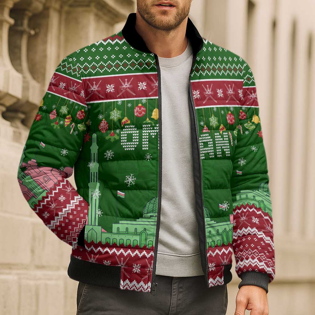 Oman Christmas Bomber Puffer Jacket with Green-Red Pattern, Mosque and Fort Landmarks, and Festive Ornament Motif - Wonder Print Shop