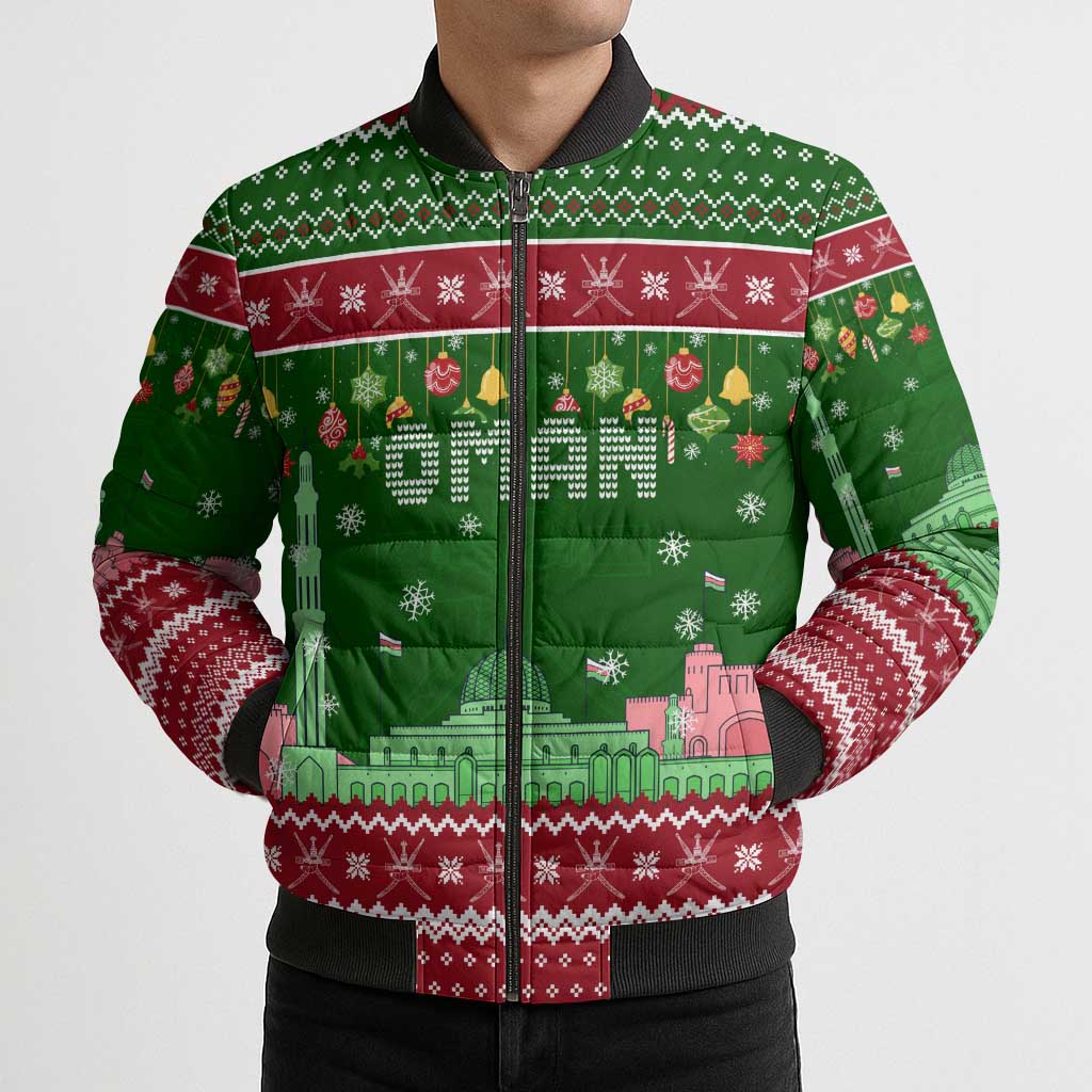 Oman Christmas Bomber Puffer Jacket with Green-Red Pattern, Mosque and Fort Landmarks, and Festive Ornament Motif - Wonder Print Shop