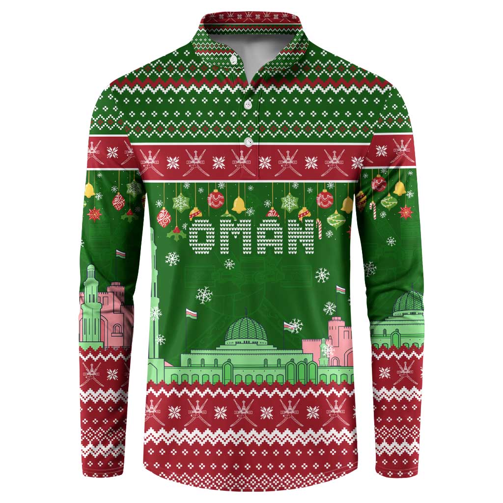 Oman Christmas Button Sweatshirt with Green-Red Pattern, Mosque and Fort Landmarks, and Festive Ornament Motif - Wonder Print Shop