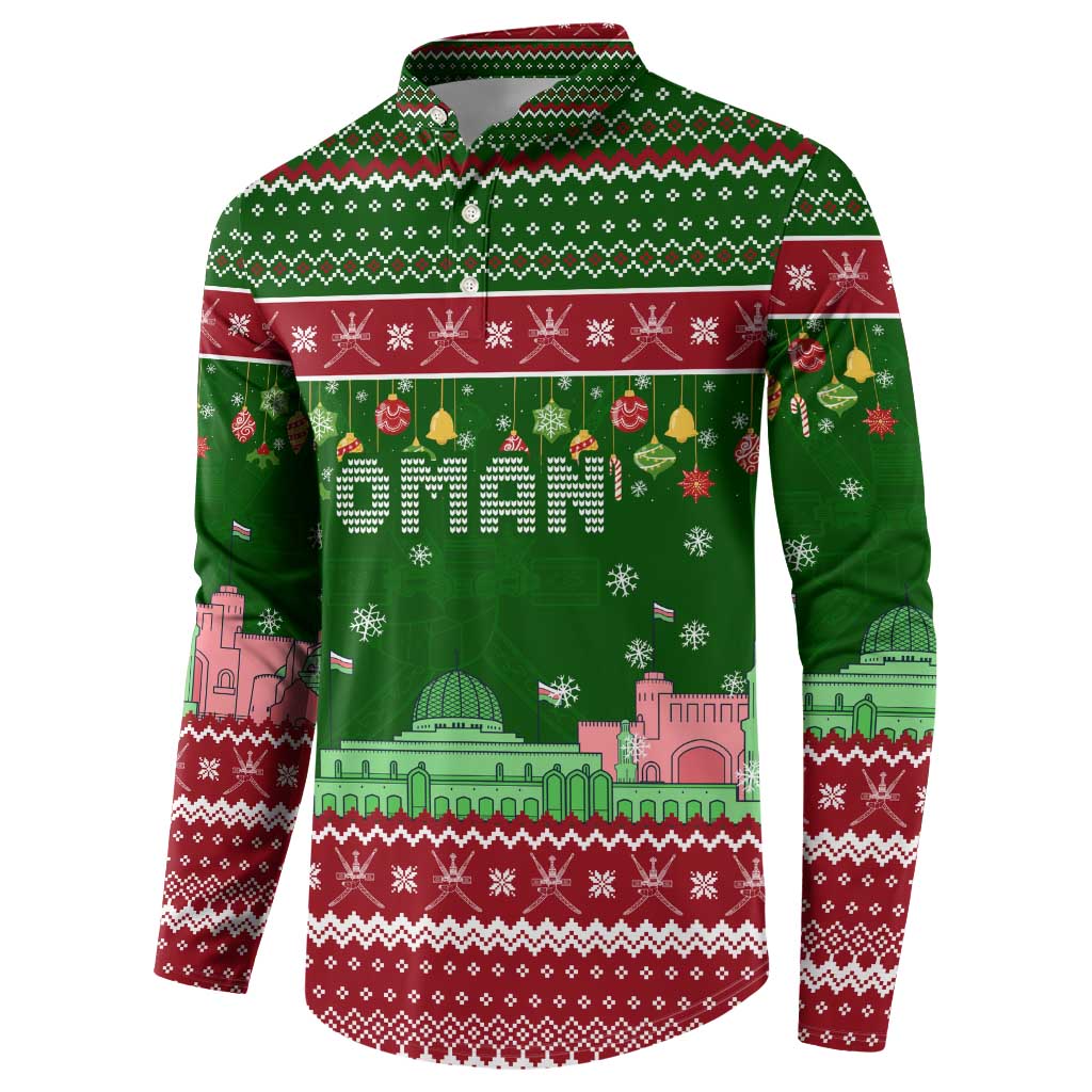 Oman Christmas Button Sweatshirt with Green-Red Pattern, Mosque and Fort Landmarks, and Festive Ornament Motif - Wonder Print Shop