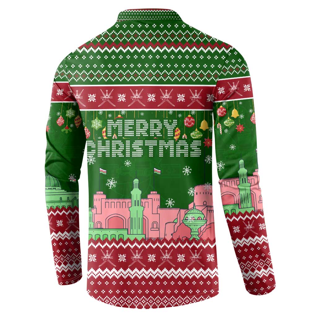 Oman Christmas Button Sweatshirt with Green-Red Pattern, Mosque and Fort Landmarks, and Festive Ornament Motif - Wonder Print Shop