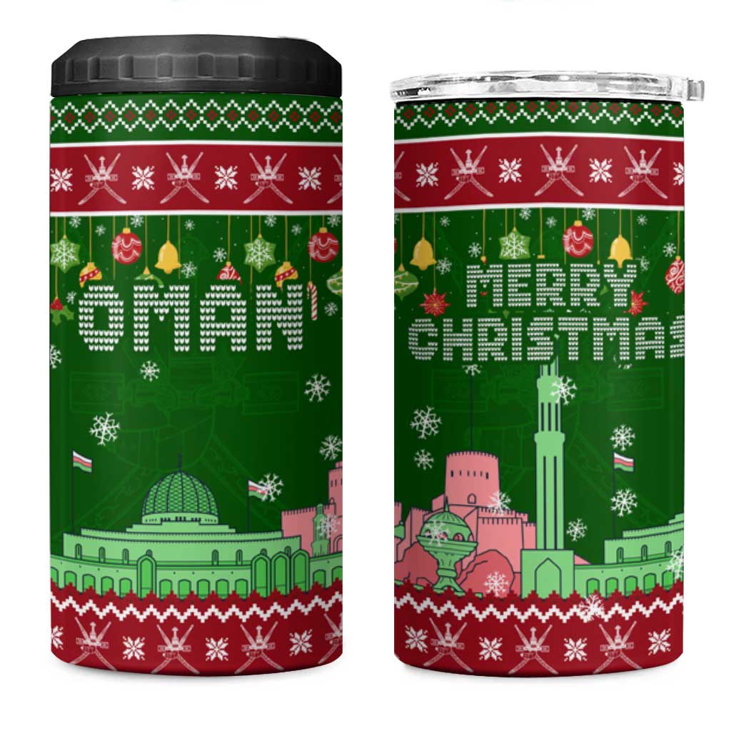 Oman Christmas 4 in 1 Can Cooler Tumbler with Green-Red Pattern, Mosque and Fort Landmarks, and Festive Ornament Motif - Wonder Print Shop