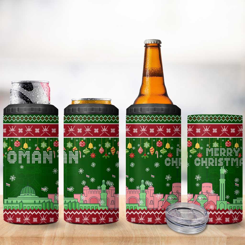 Oman Christmas 4 in 1 Can Cooler Tumbler with Green-Red Pattern, Mosque and Fort Landmarks, and Festive Ornament Motif - Wonder Print Shop