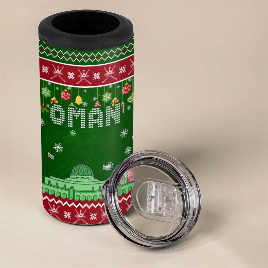 Oman Christmas 4 in 1 Can Cooler Tumbler with Green-Red Pattern, Mosque and Fort Landmarks, and Festive Ornament Motif - Wonder Print Shop