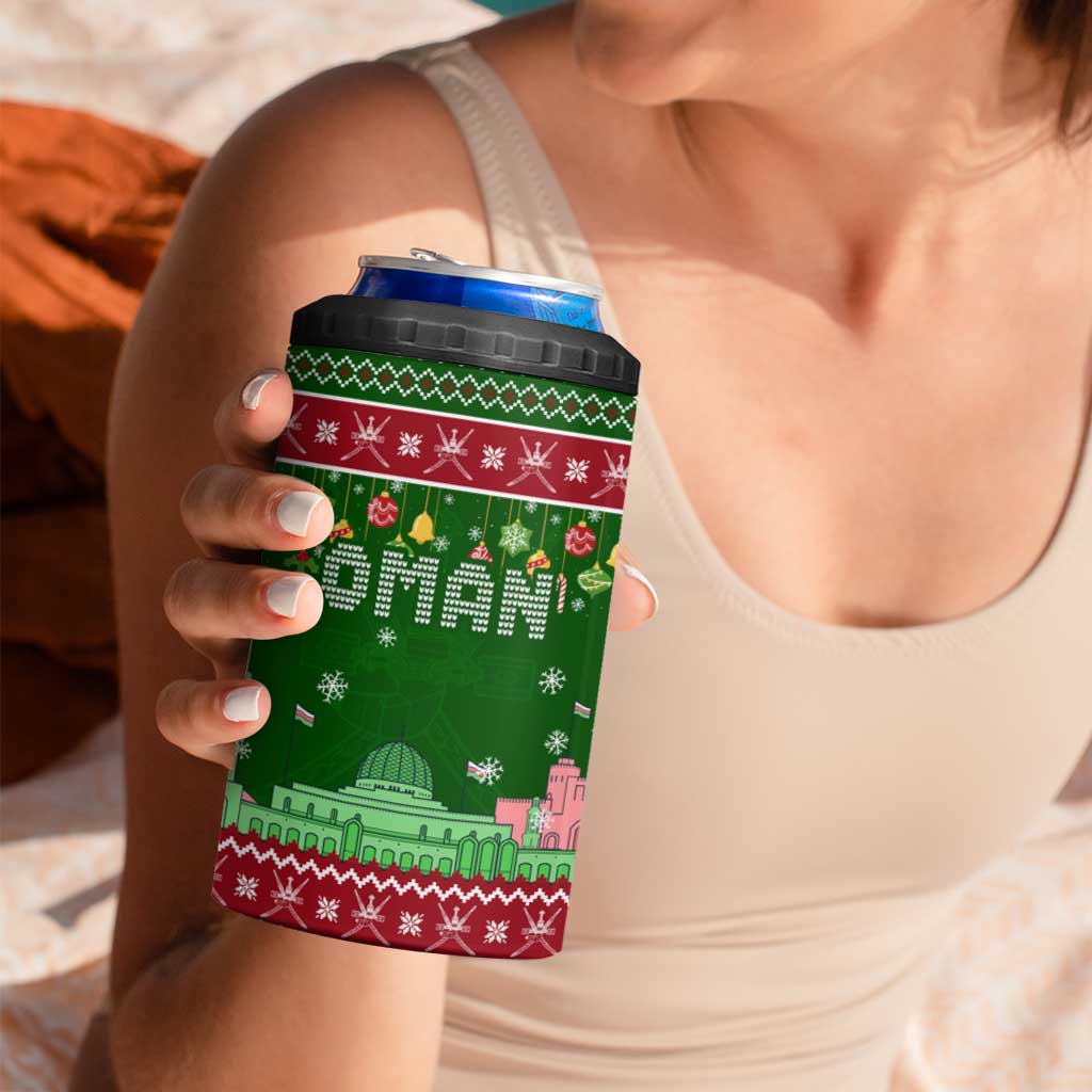 Oman Christmas 4 in 1 Can Cooler Tumbler with Green-Red Pattern, Mosque and Fort Landmarks, and Festive Ornament Motif - Wonder Print Shop