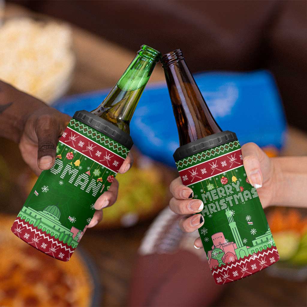 Oman Christmas 4 in 1 Can Cooler Tumbler with Green-Red Pattern, Mosque and Fort Landmarks, and Festive Ornament Motif - Wonder Print Shop