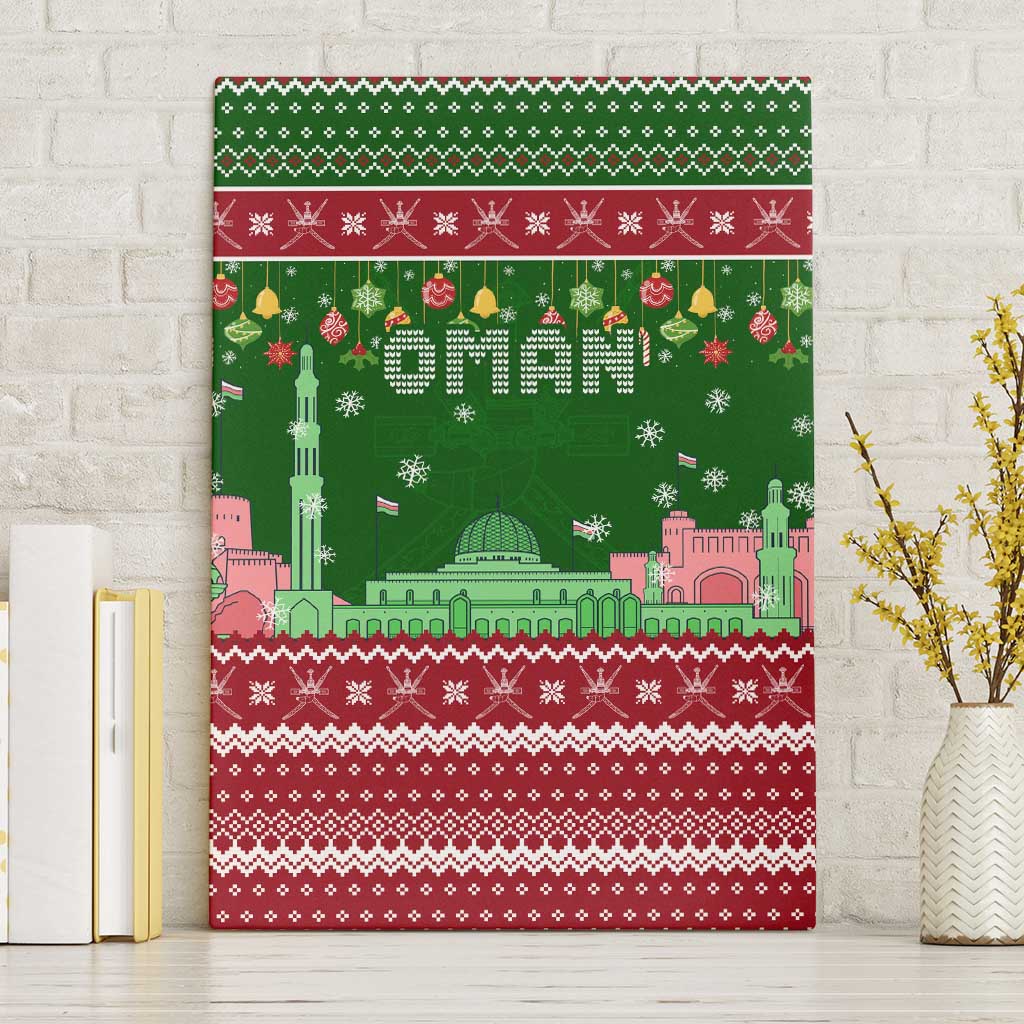 Oman Christmas Canvas Wall Art with Green-Red Pattern, Mosque and Fort Landmarks, and Festive Ornament Motif - Wonder Print Shop