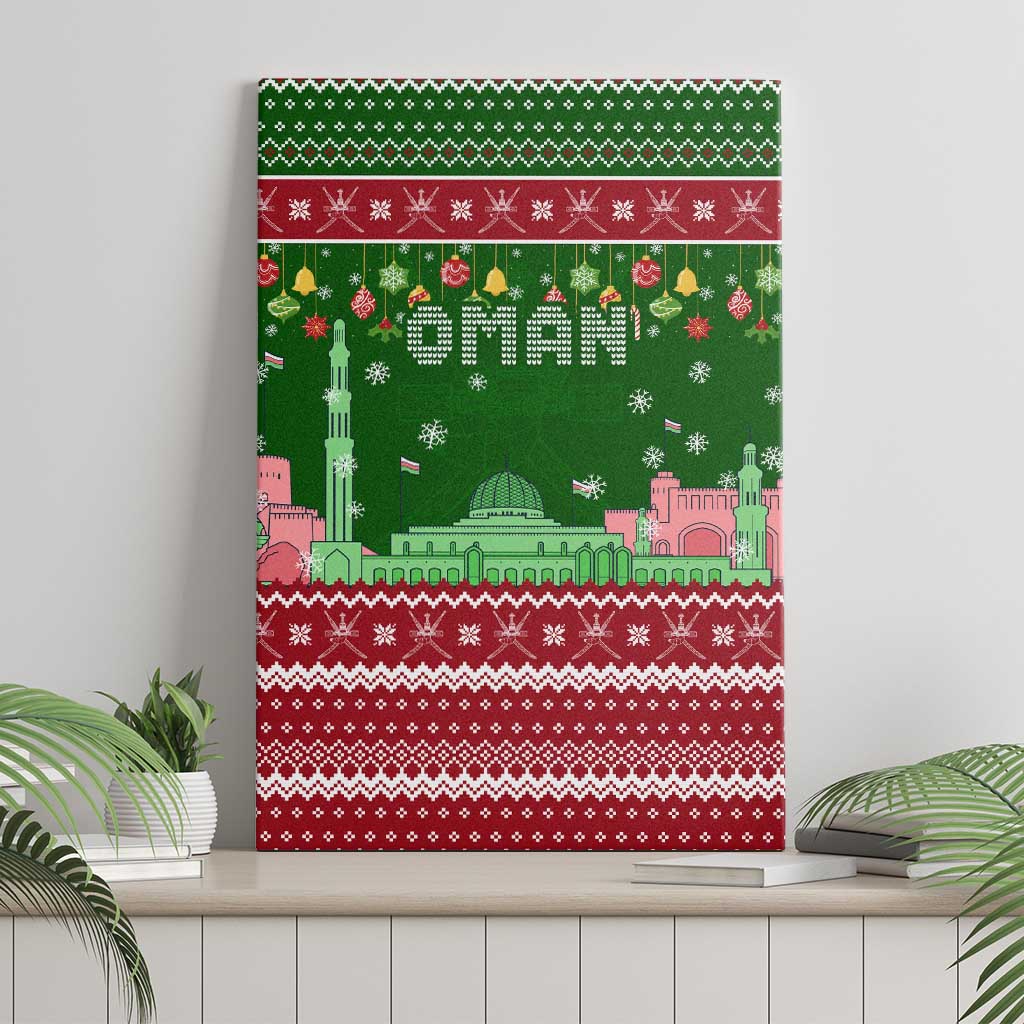 Oman Christmas Canvas Wall Art with Green-Red Pattern, Mosque and Fort Landmarks, and Festive Ornament Motif - Wonder Print Shop