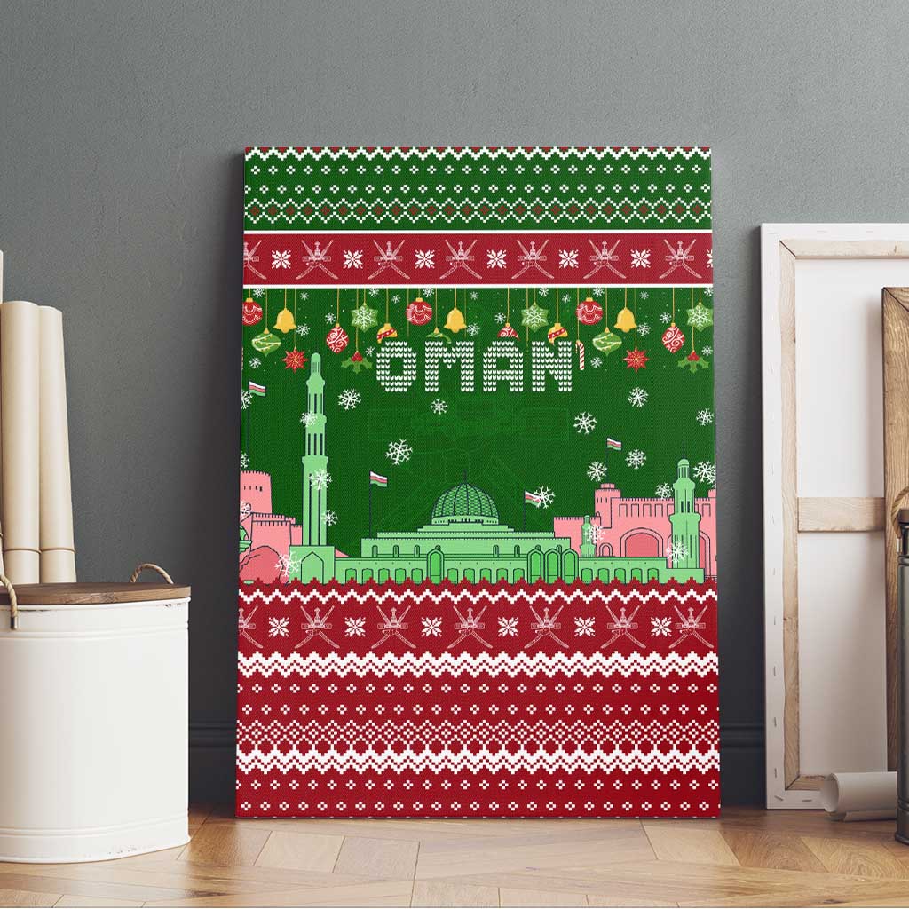 Oman Christmas Canvas Wall Art with Green-Red Pattern, Mosque and Fort Landmarks, and Festive Ornament Motif - Wonder Print Shop
