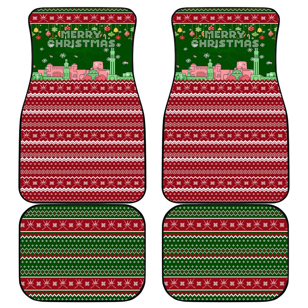 Oman Christmas Car Mats with Green-Red Pattern, Mosque and Fort Landmarks, and Festive Ornament Motif - Wonder Print Shop