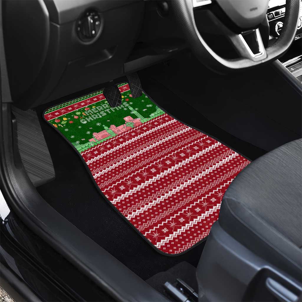 Oman Christmas Car Mats with Green-Red Pattern, Mosque and Fort Landmarks, and Festive Ornament Motif - Wonder Print Shop