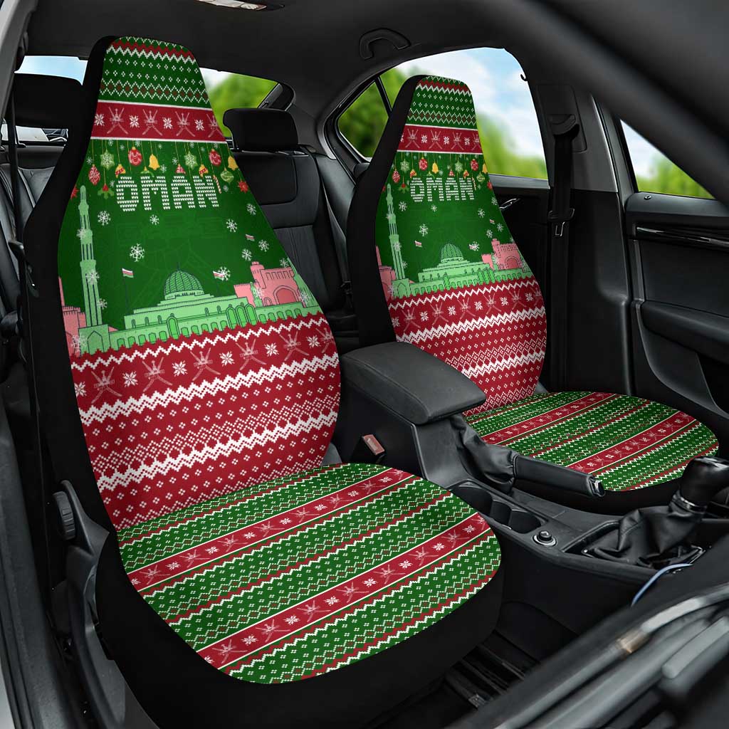 Oman Christmas Car Seat Cover with Green-Red Pattern, Mosque and Fort Landmarks, and Festive Ornament Motif - Wonder Print Shop