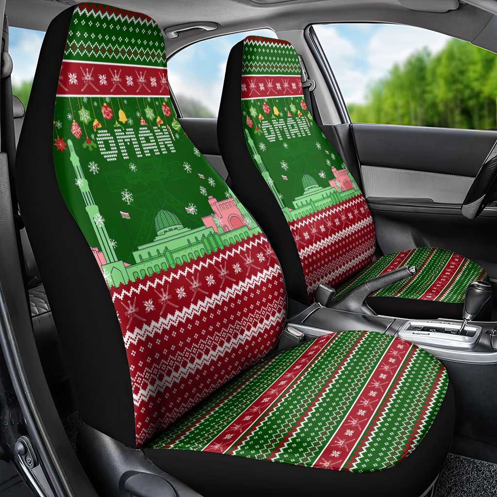 Oman Christmas Car Seat Cover with Green-Red Pattern, Mosque and Fort Landmarks, and Festive Ornament Motif - Wonder Print Shop
