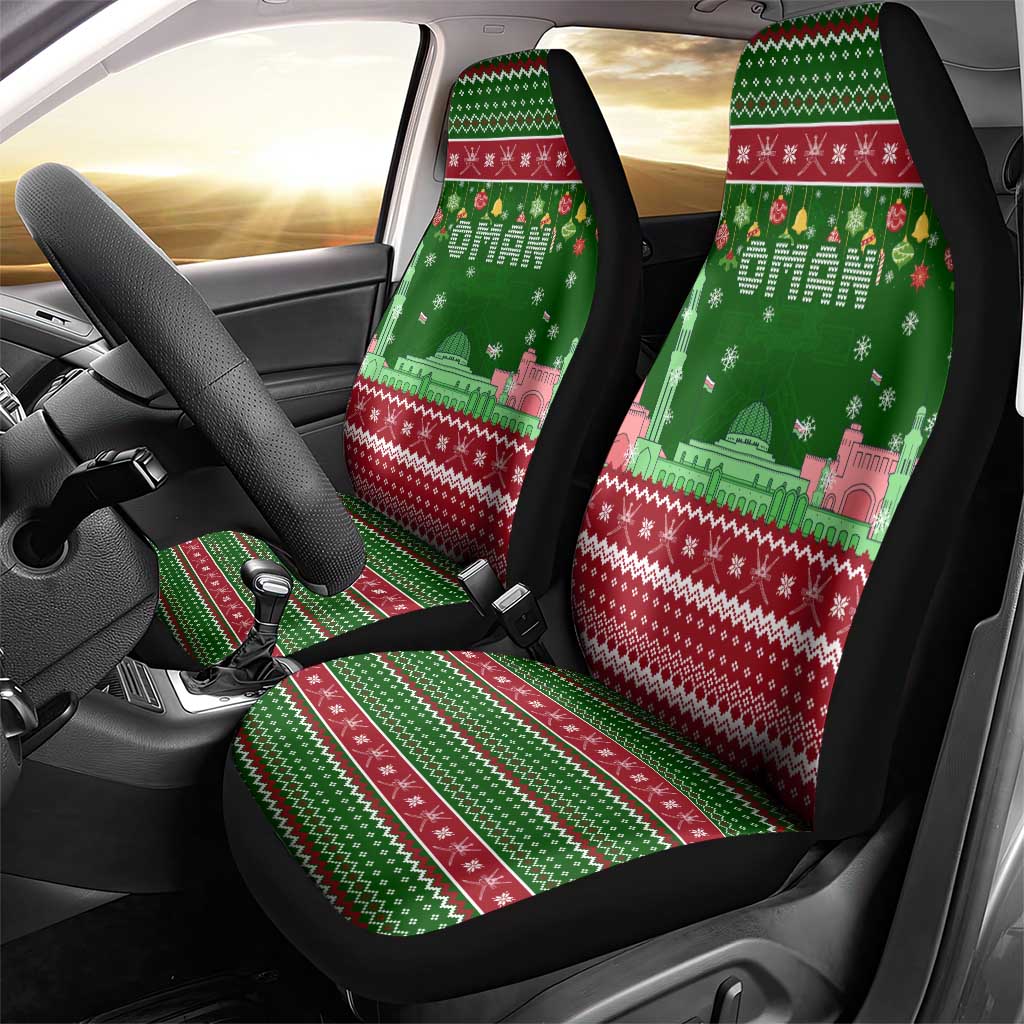 Oman Christmas Car Seat Cover with Green-Red Pattern, Mosque and Fort Landmarks, and Festive Ornament Motif - Wonder Print Shop