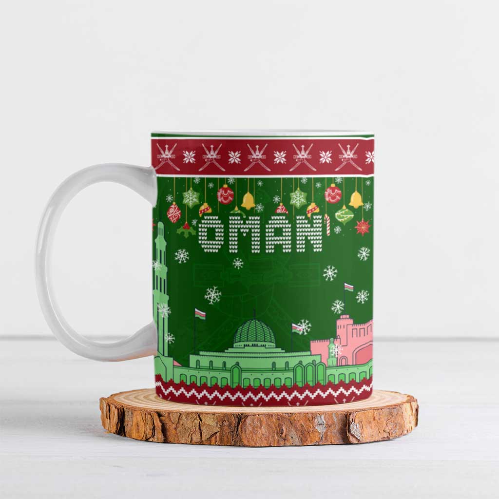 Oman Christmas Ceramic Mug with Green-Red Pattern, Mosque and Fort Landmarks, and Festive Ornament Motif - Wonder Print Shop